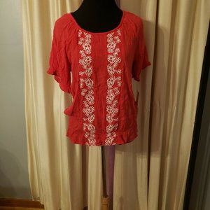 CATHY DANIELS Medium Rayon Gauze BOHO Blouse Red w White EMBROIDERY NWT